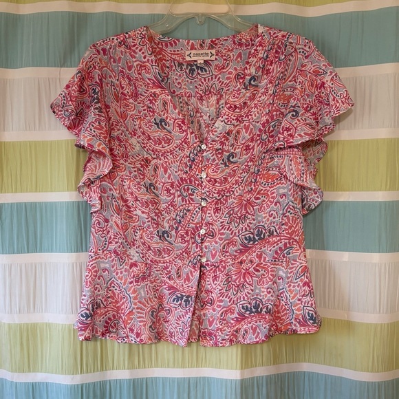 Nanette Lepore Paisley Ruffle-Sleeve Peplum Blouse Sz Large - Picture 9 of 9